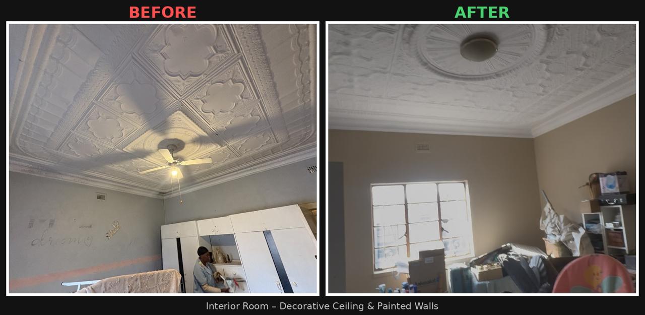 Interior room decorative ceiling and painted walls before and after